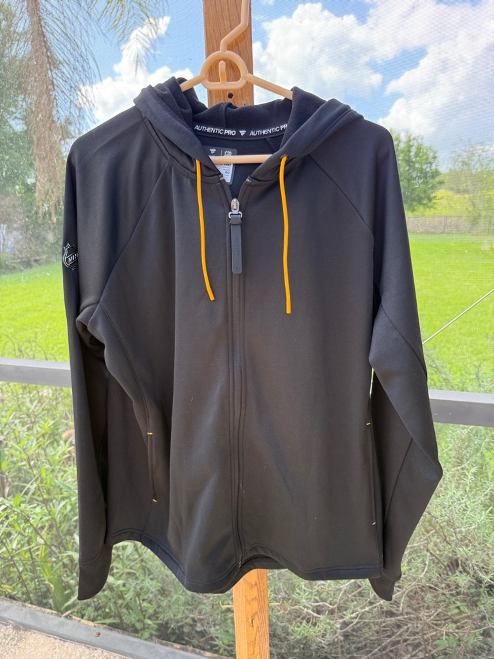 NHL Fanatics Authentic Pro Rink Black full Zip-Up Hoodie with Yellow Drawstrings